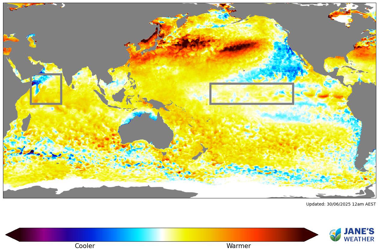 Sea Surface Temperature Anomaly (SSTA) - how much the top of the ocean is warmer or cooler than average