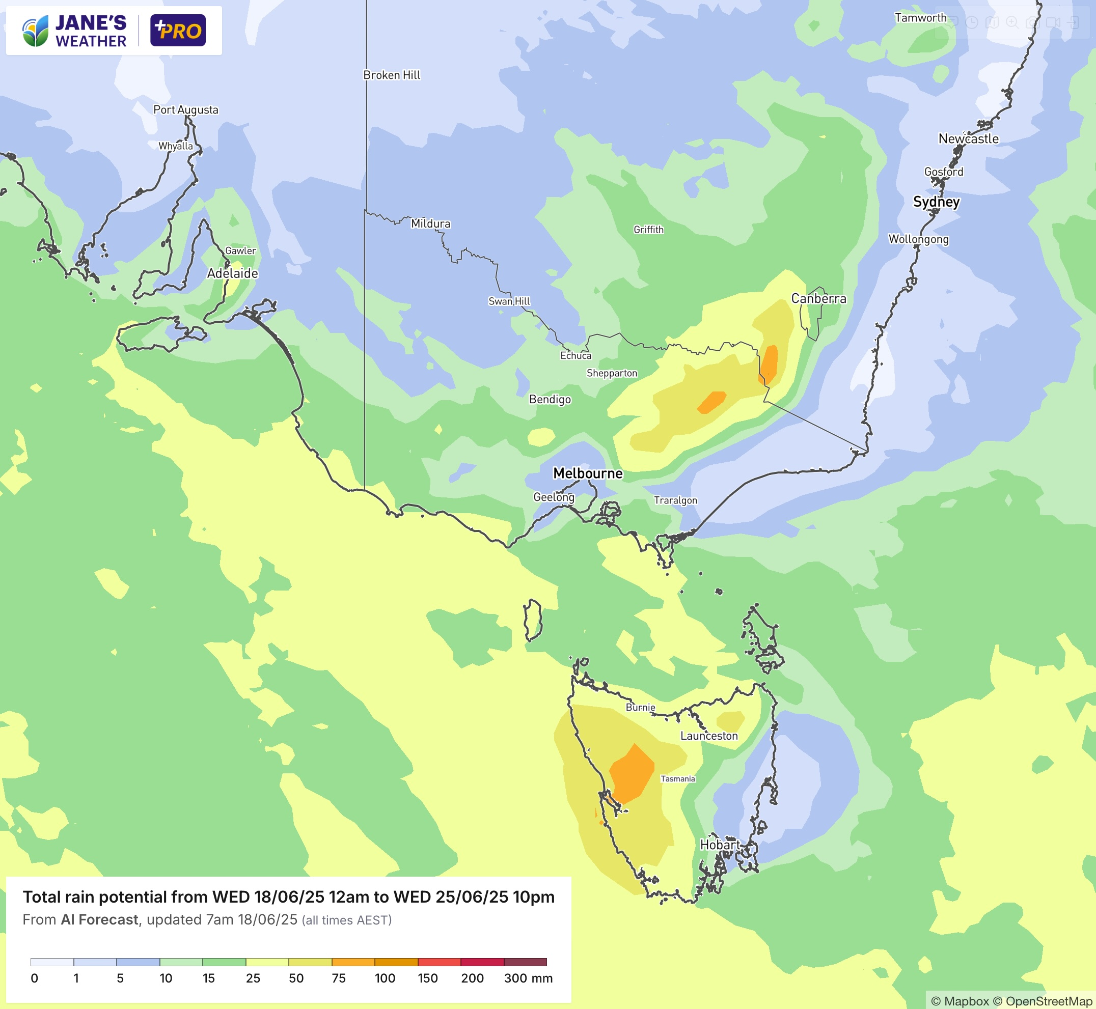 Potential rainfall over the next week (mainly falling early next week)