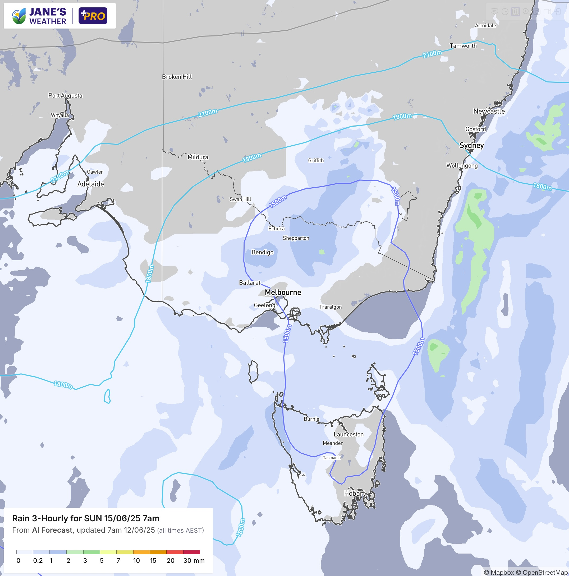 The cold pool slowly passing over the alps (NSW, VIC and TAS) on Sunday