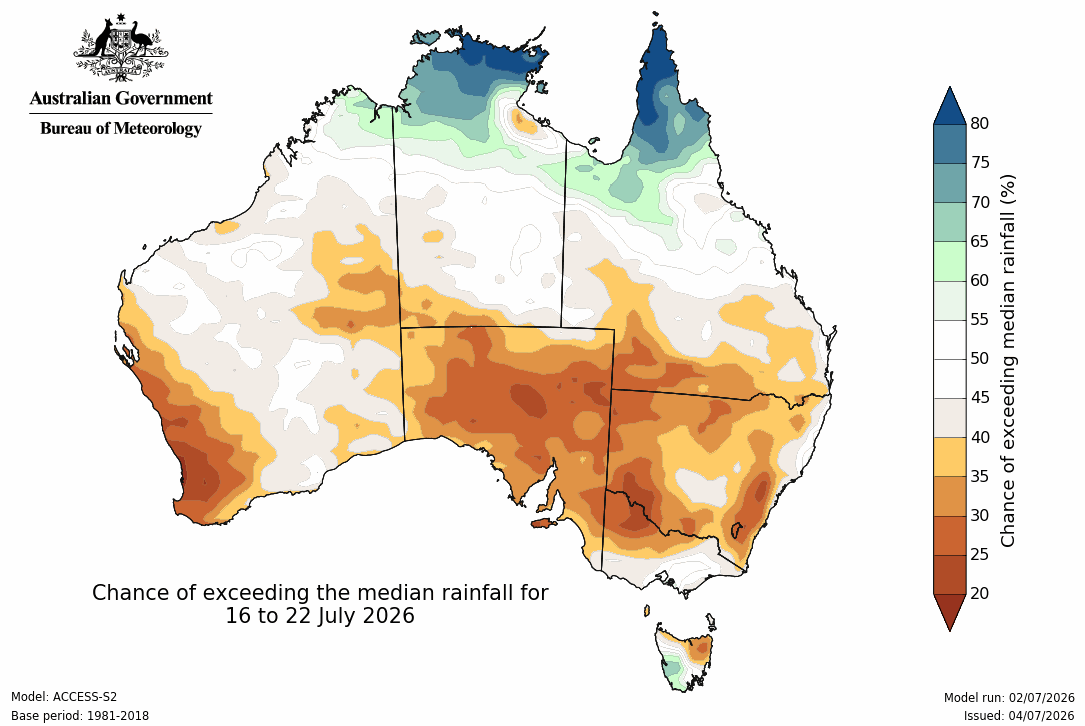 BoM Potential rain from 16 to 22 July