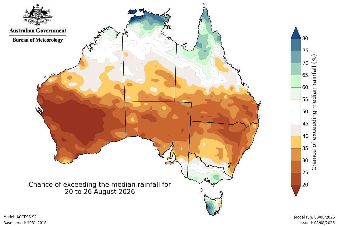 BoM Potential rain from 20 to 26 Aug