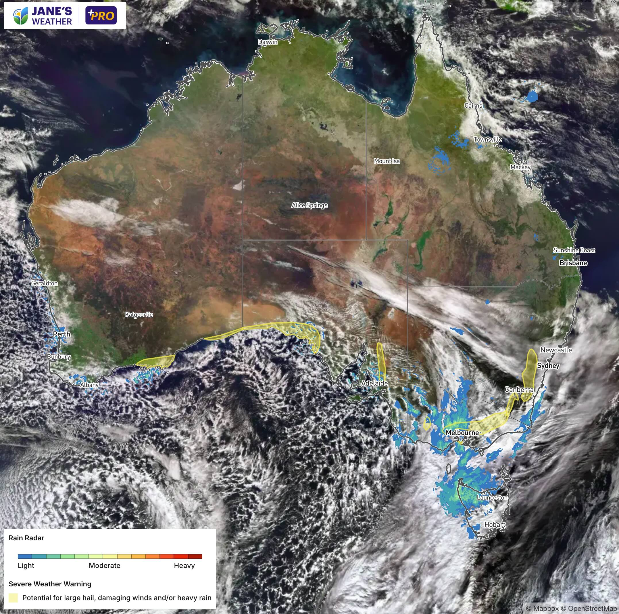 The satellite, radar and severe weather warnings as of lunchtime Tuesday