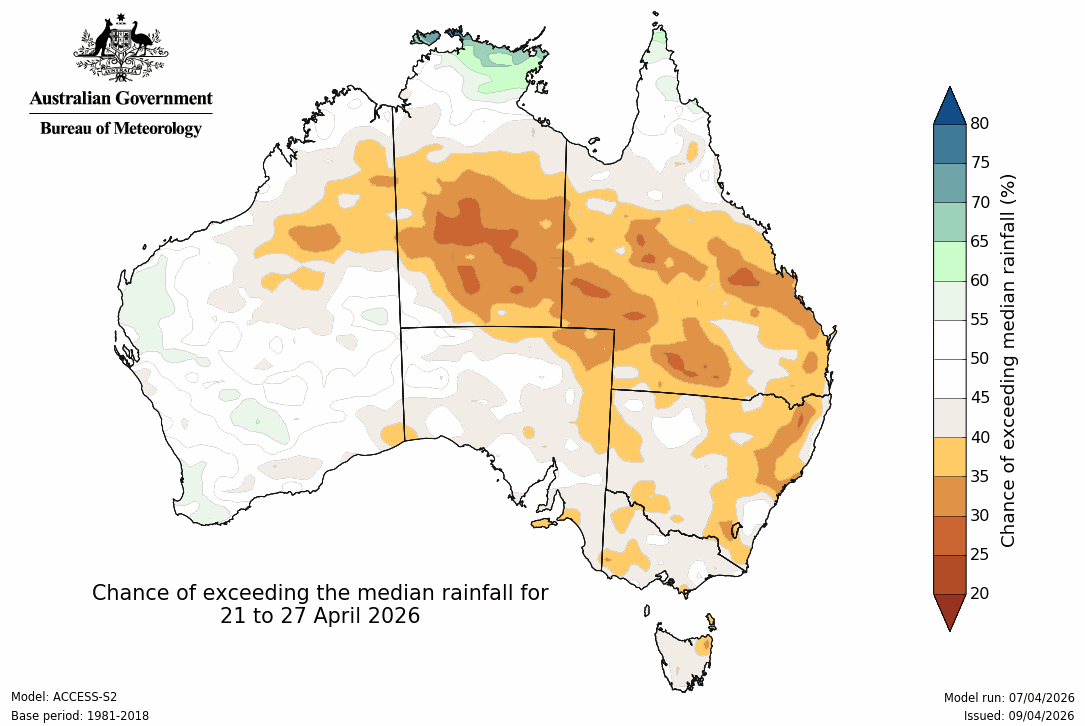 BoM Potential rain from 21 to 27 Apr
