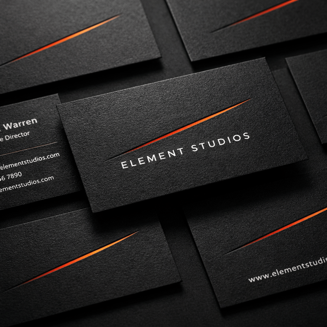 Black Element Studios business cards with an orange accent