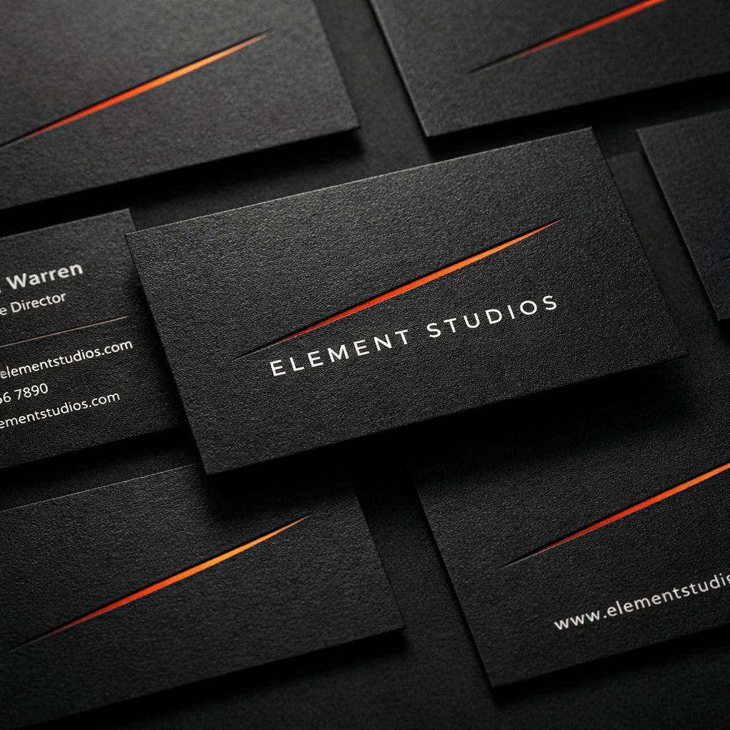 Black Element Studios business cards with an orange accent