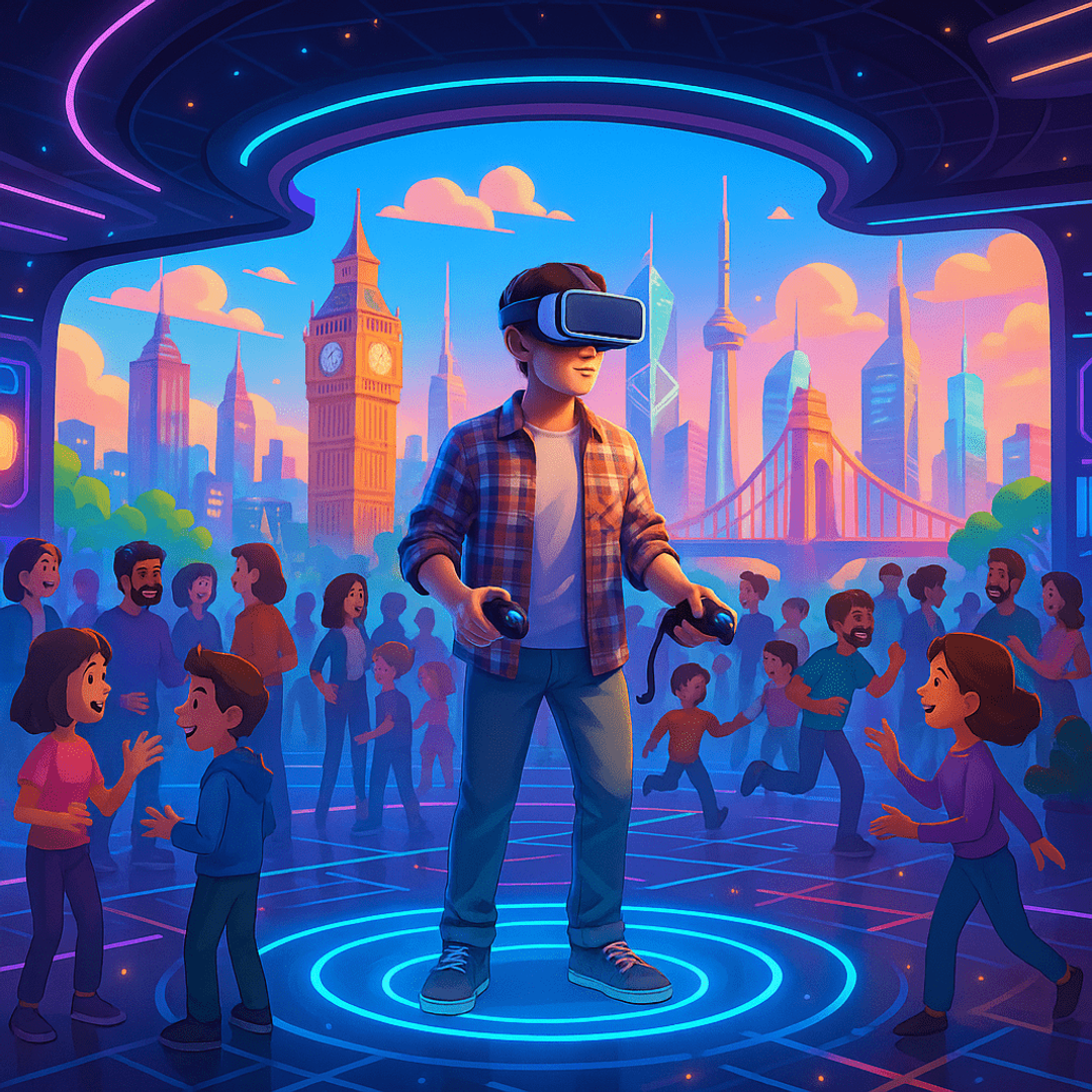 Illustrated boy in a VR headset in a crowded virtual city