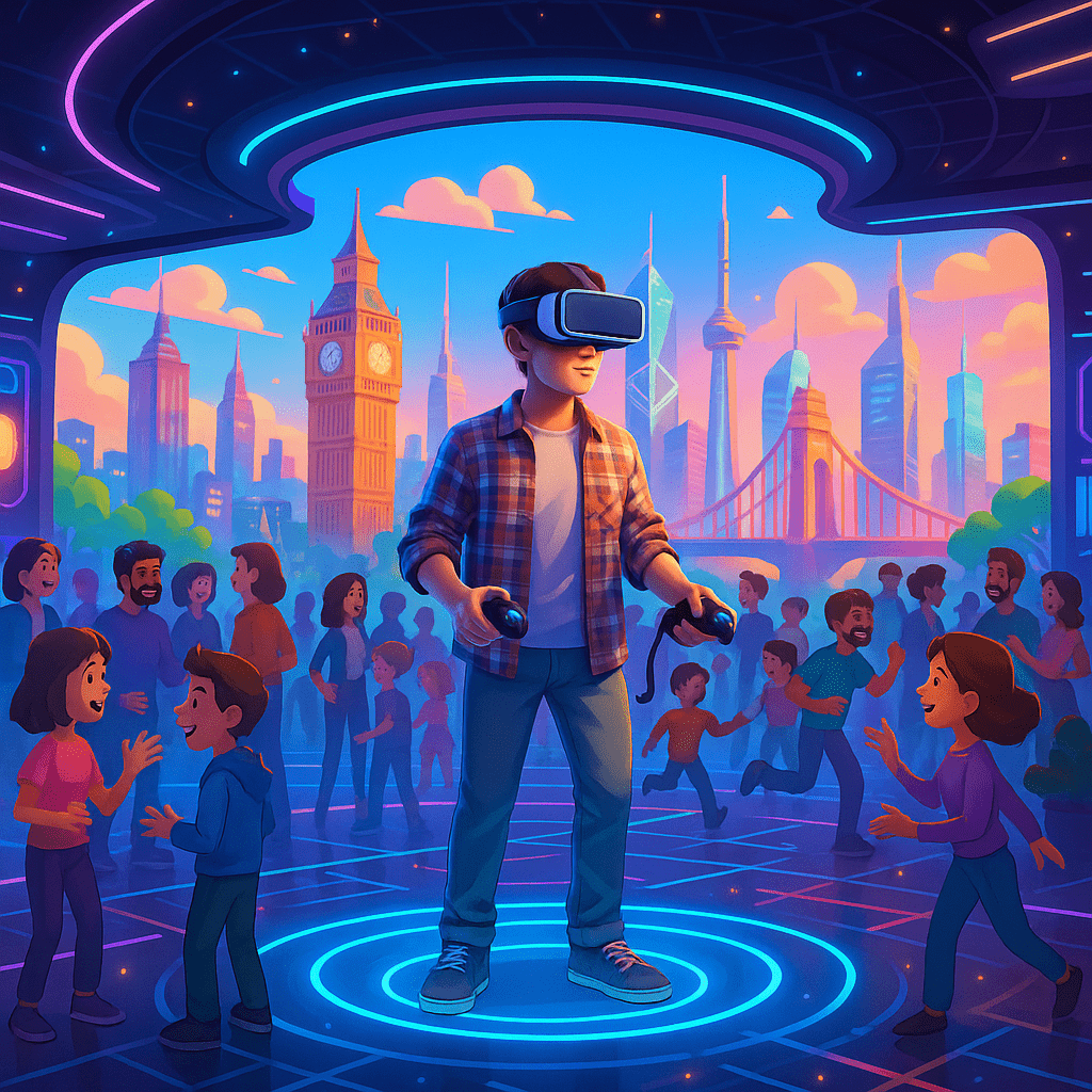 Illustrated boy in a VR headset in a crowded virtual city