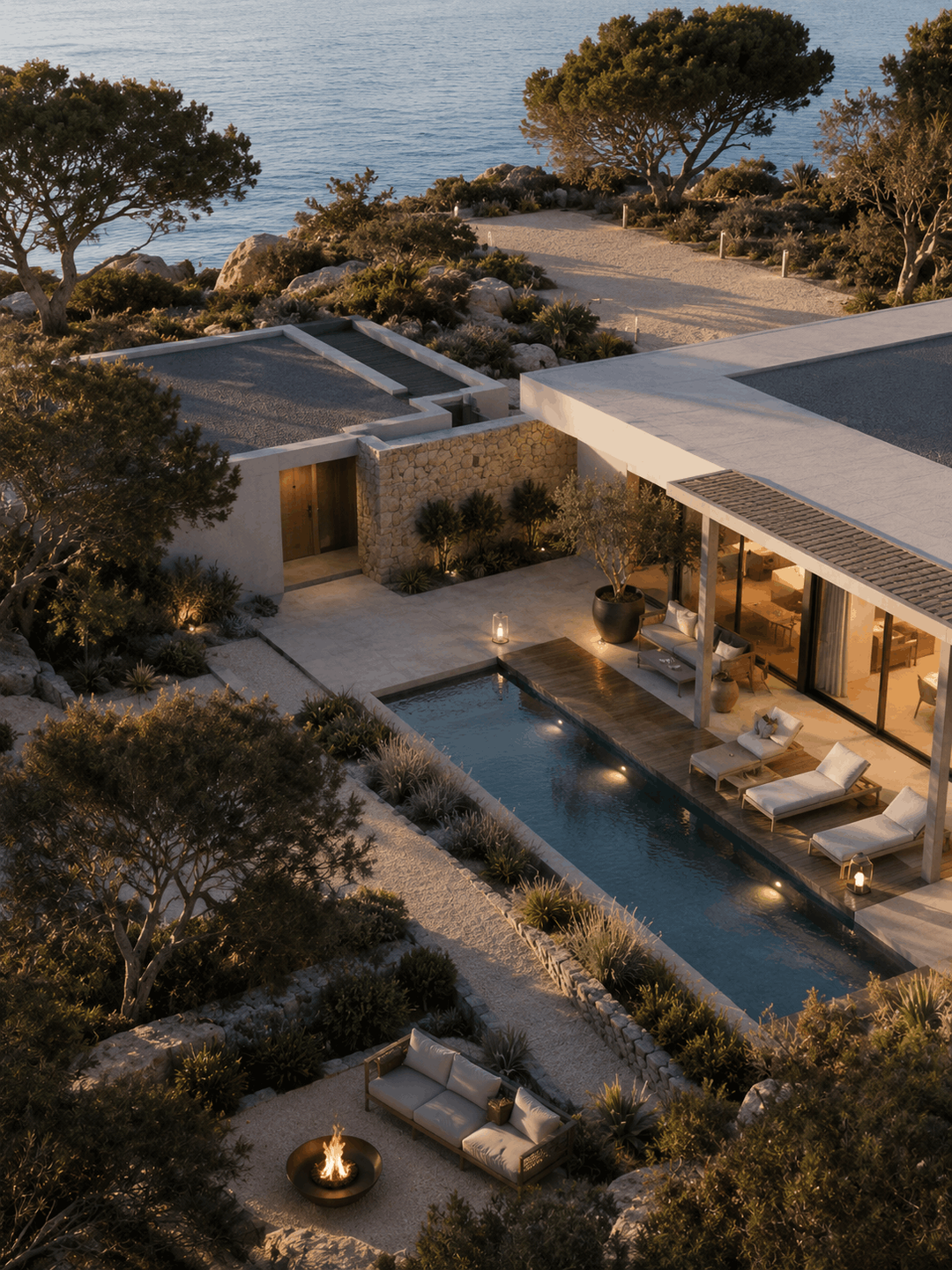 Aerial view of a seaside villa with a pool and terraces