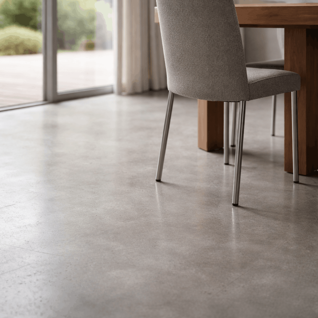 Grey chair and wooden table on a polished concrete floor