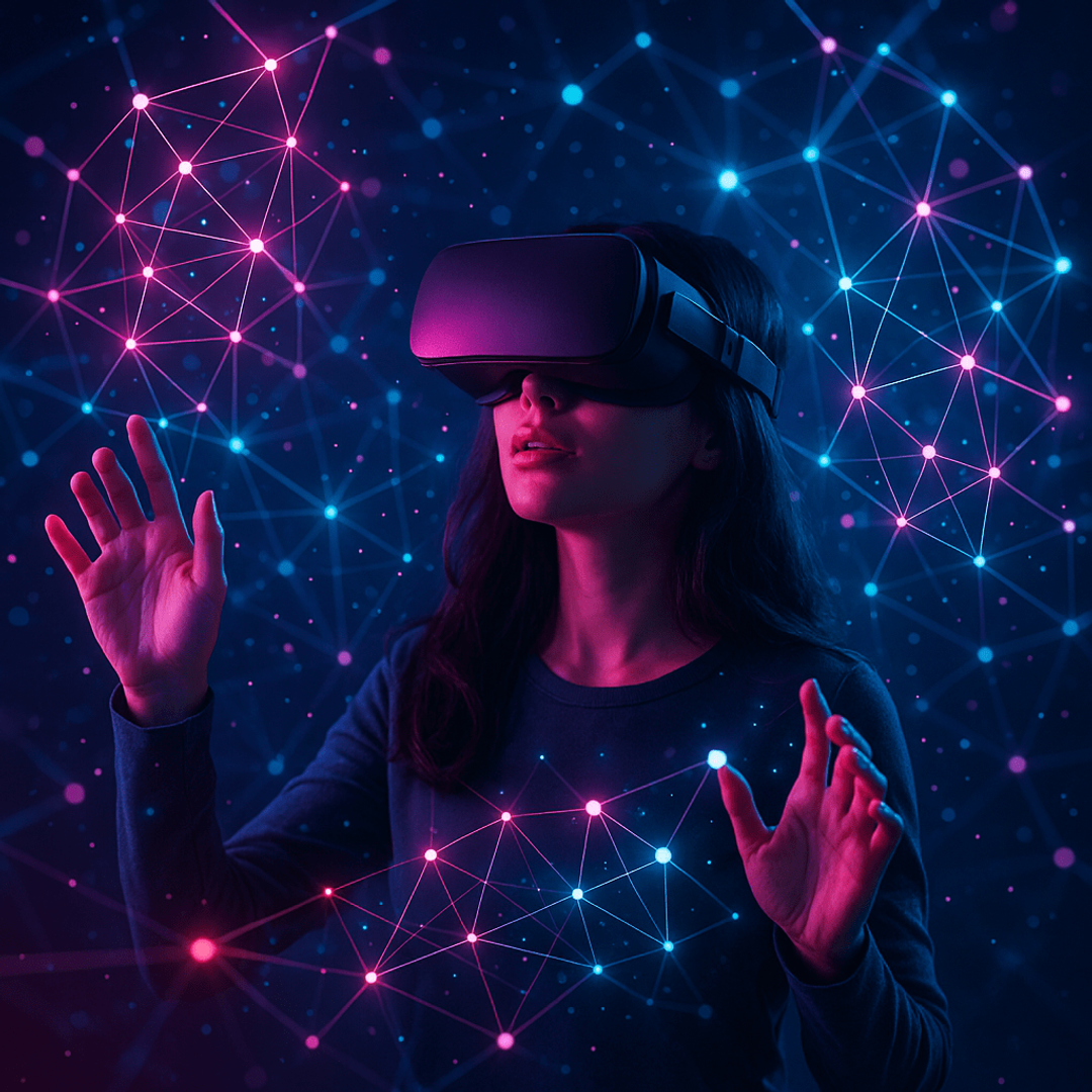 Woman in a VR headset surrounded by a network of glowing points