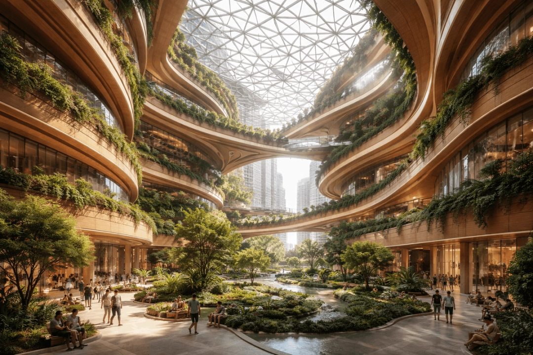 Atrium of curved wooden terraces filled with plants