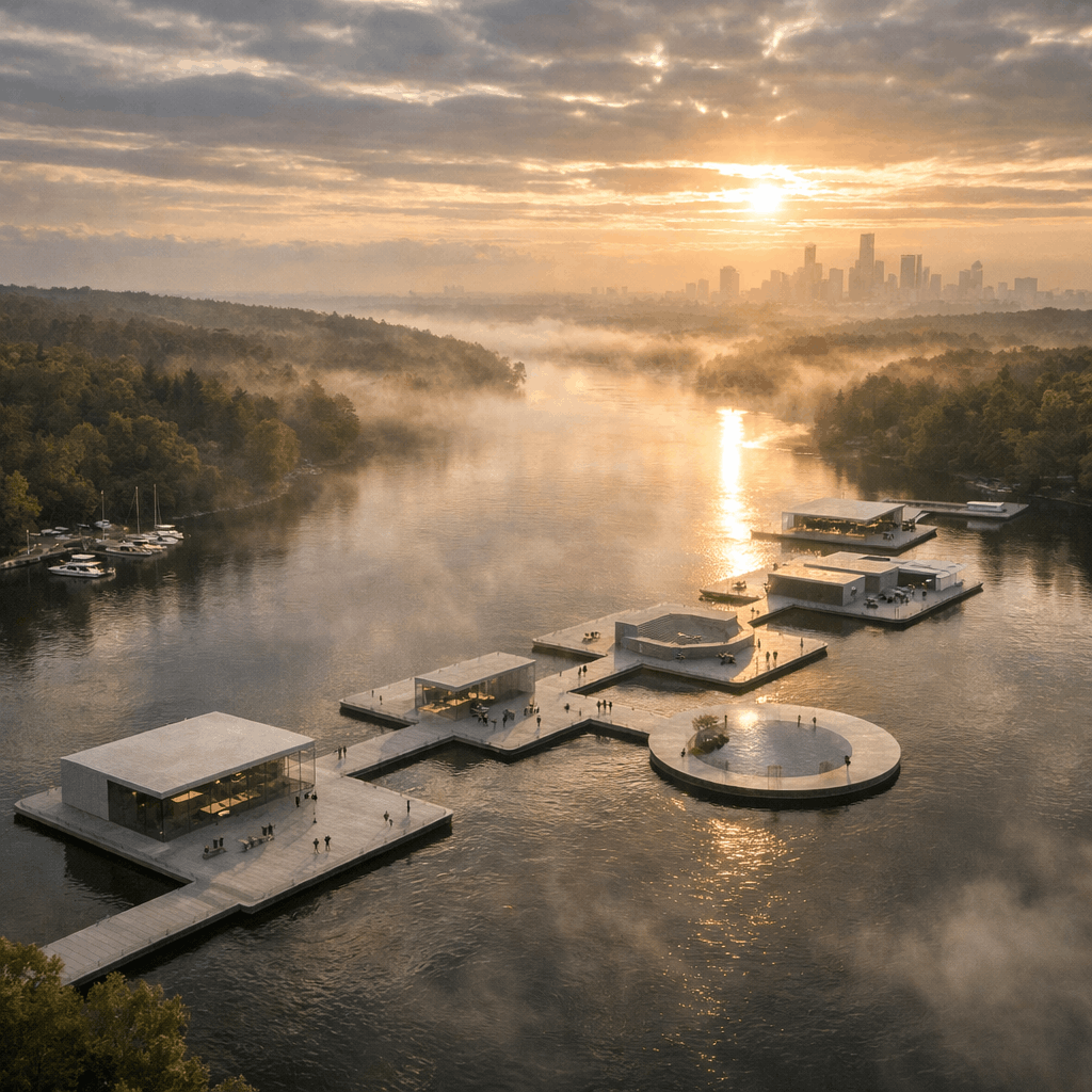Floating pavilions linked by walkways on a river near a city