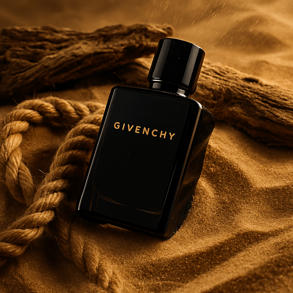Black perfume bottle on golden sand with rope