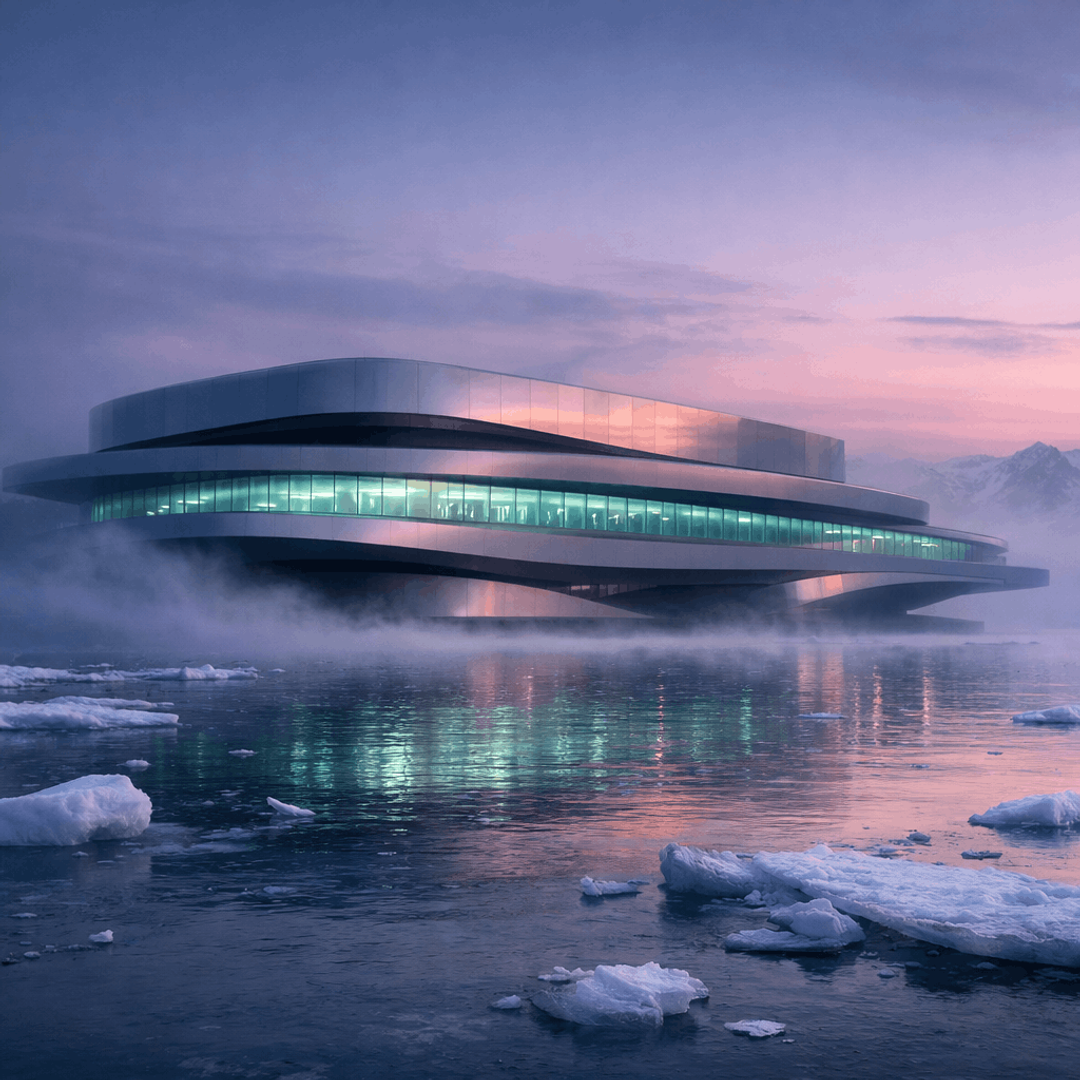 Streamlined building floating above icy water at dawn