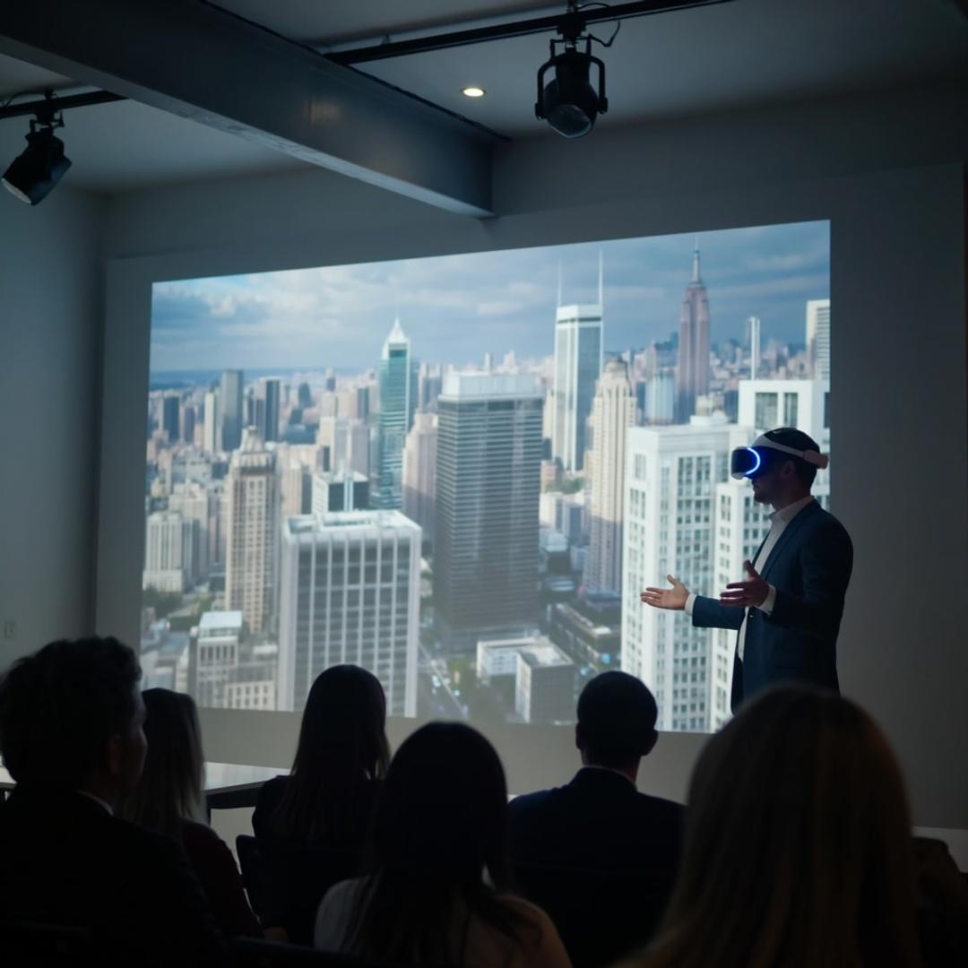 Presenter in a VR headset in front of a projected skyline