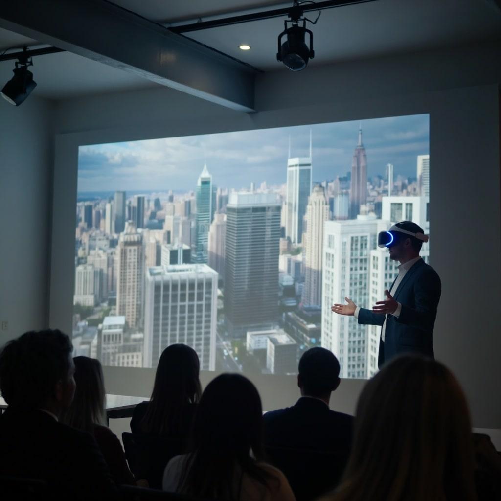 Presenter in a VR headset in front of a projected skyline