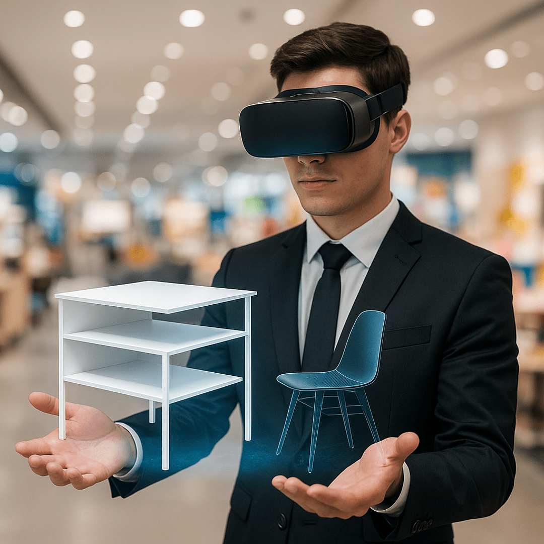 Man in a VR headset holding virtual furniture in a store