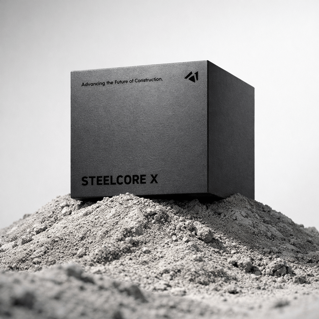 Steelcore X box resting on a pile of cement powder