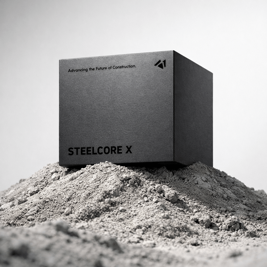 Steelcore X box resting on a pile of cement powder