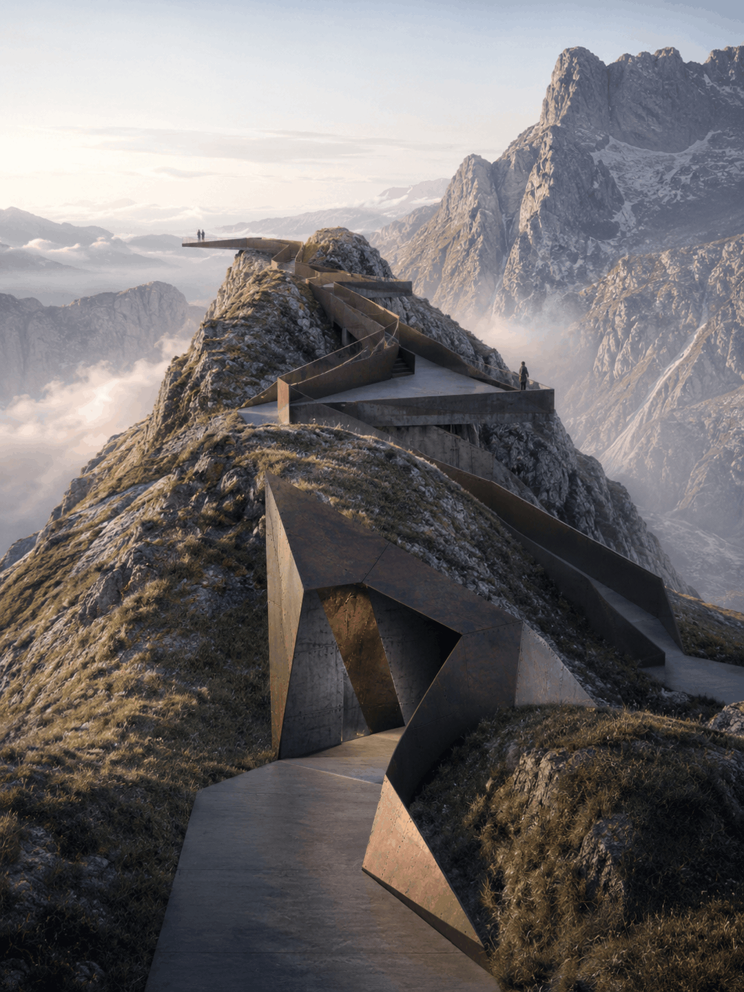 Concrete walkway climbing to a viewpoint on a mountain ridge