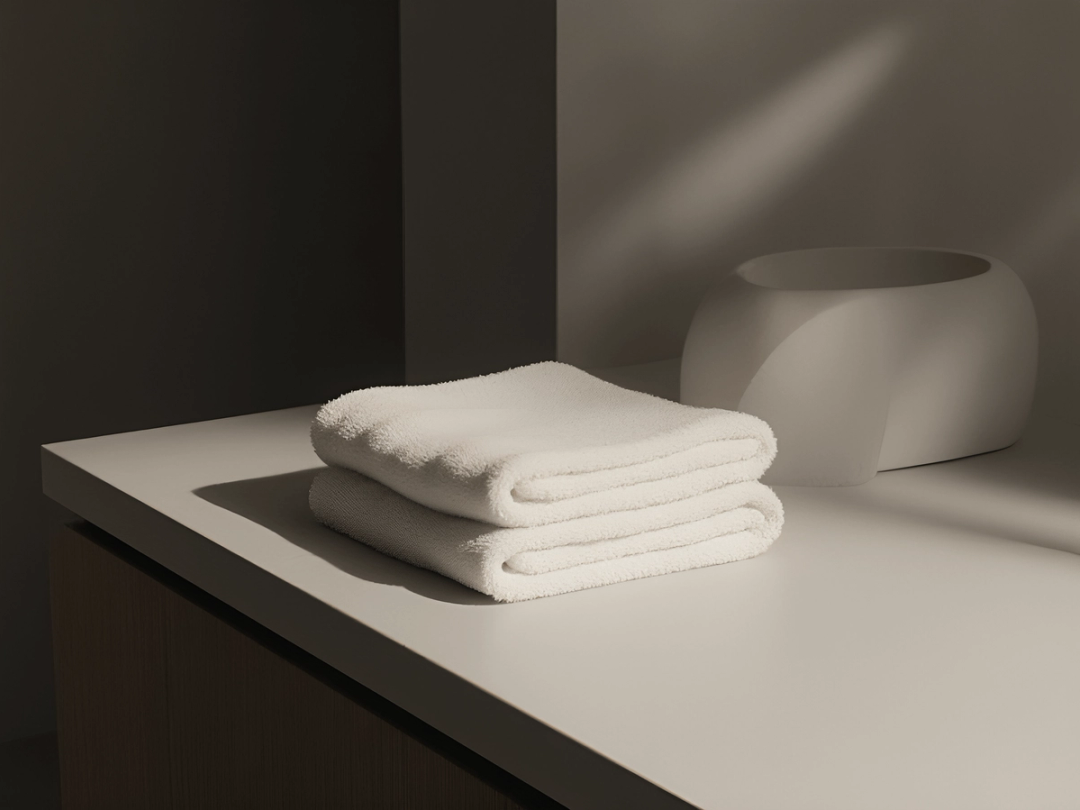 Folded white towels on a bathroom counter