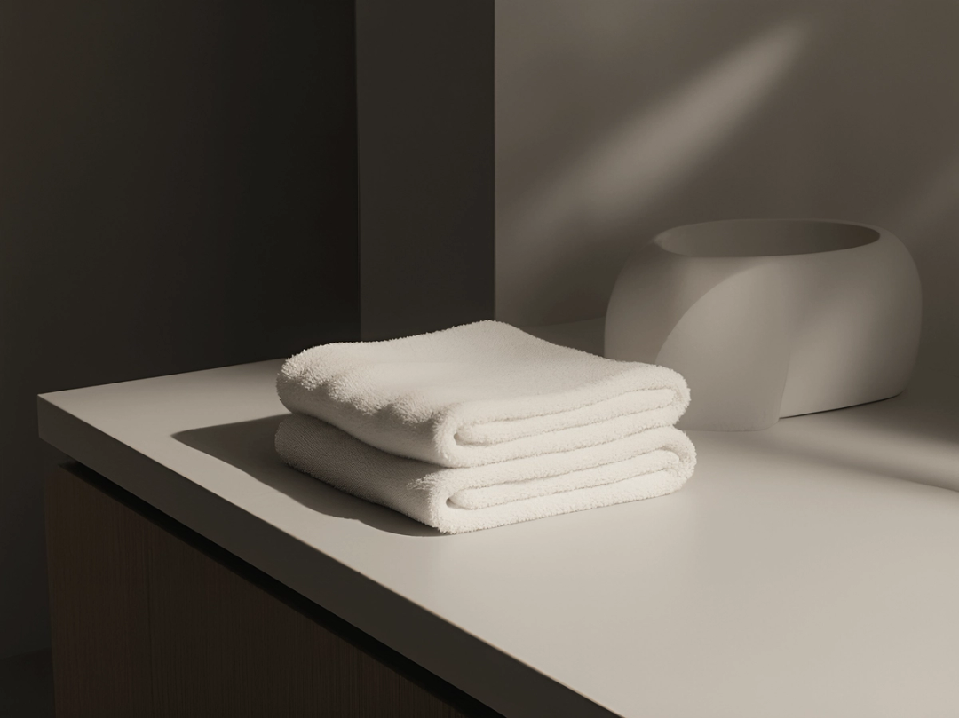 Folded white towels on a bathroom counter