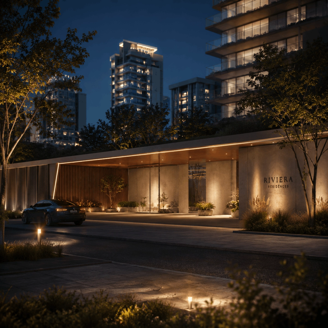 Night view of the Riviera residence entrance and its lit gardens