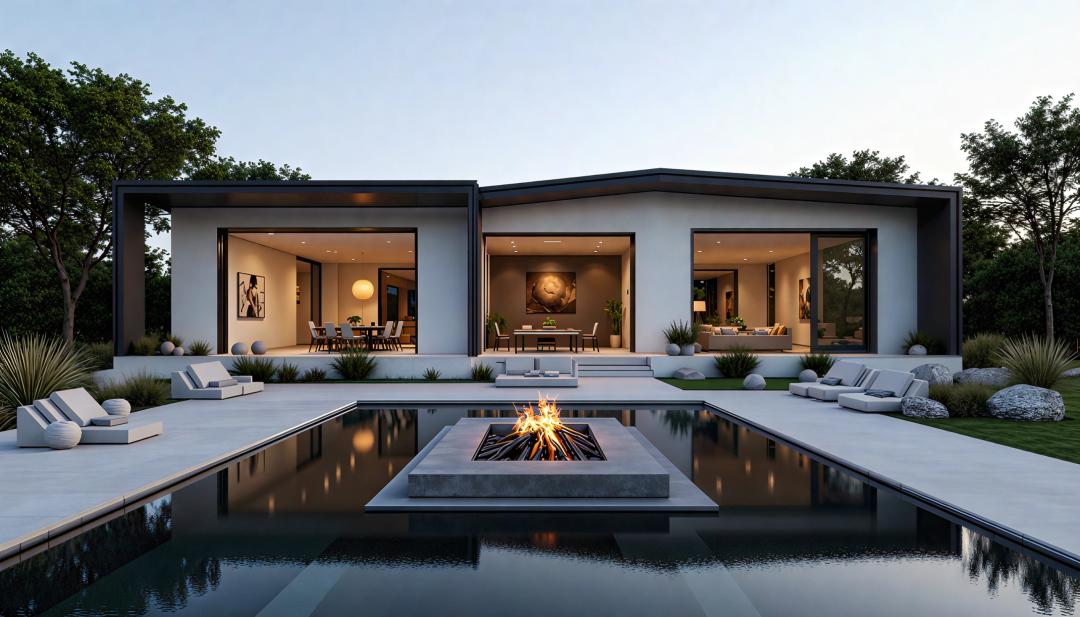Single storey villa with a pool and a fire pit at dusk