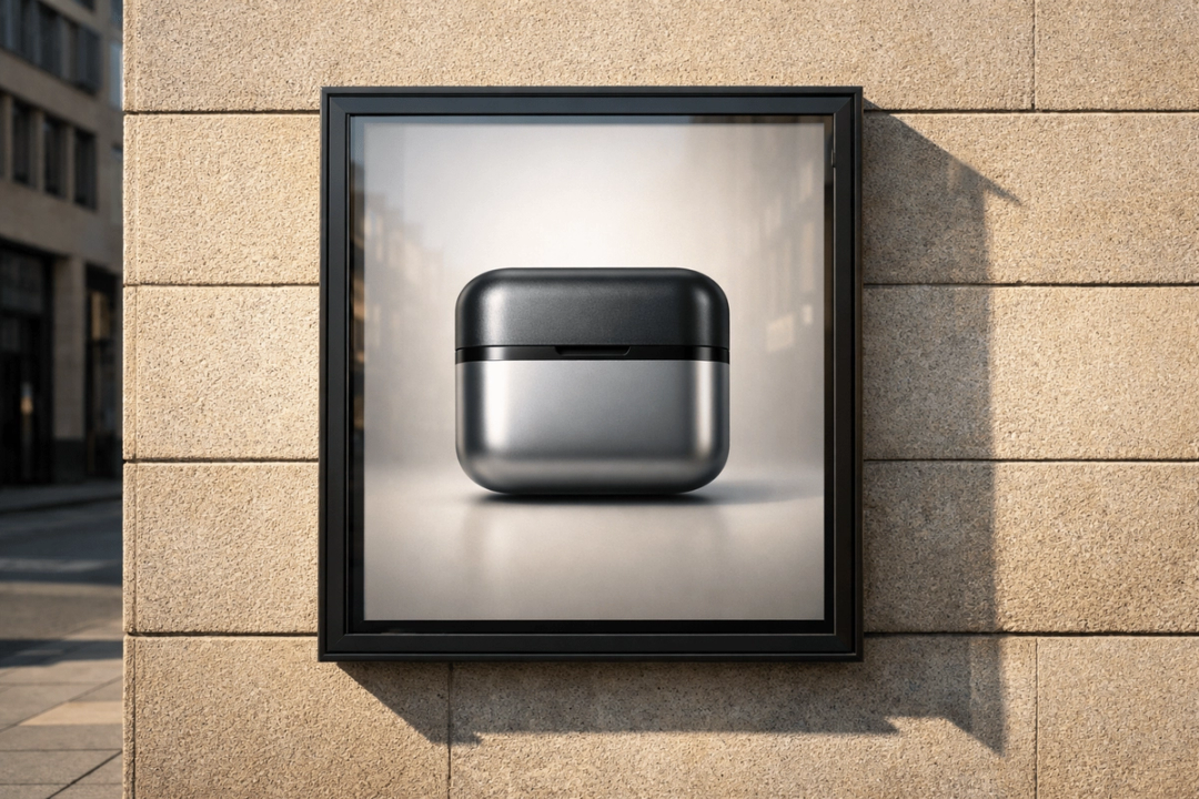Framed poster of silver wireless earbuds case on a stone wall