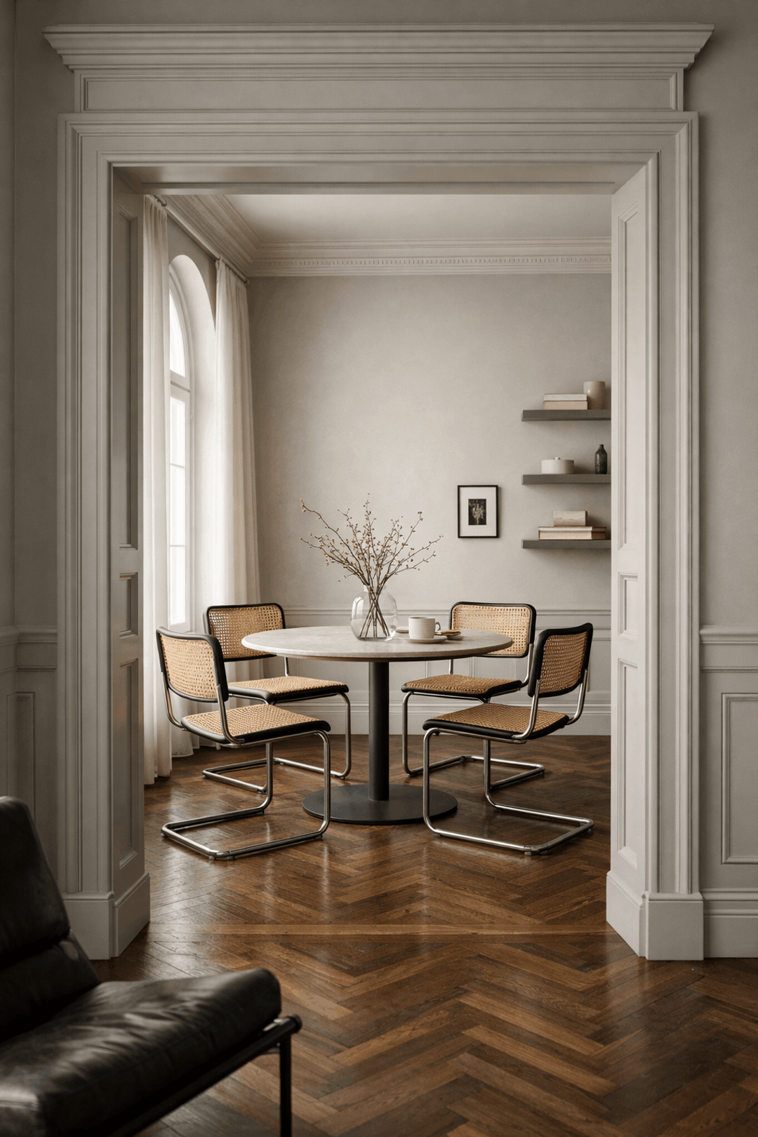 Dining corner with cane chairs in a Parisian style apartment