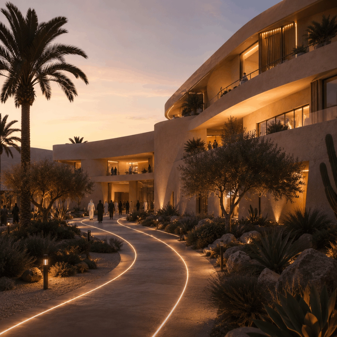 Curved hotel facade with palm trees and a lit path at dusk