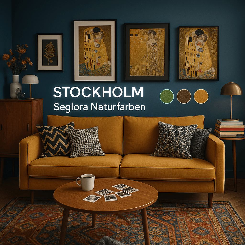 Living room with a mustard sofa and framed art prints, titled Stockholm