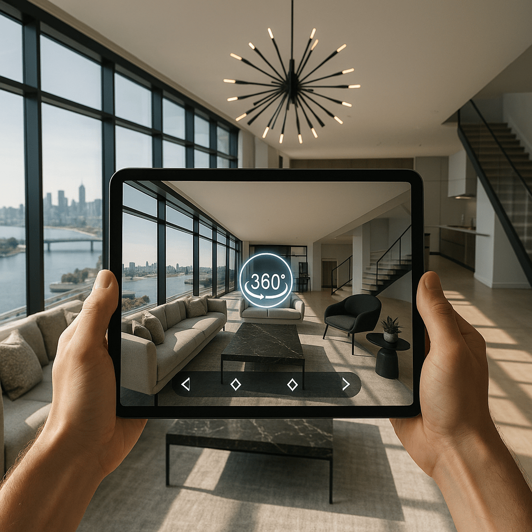 Tablet showing a 360° virtual tour of a loft apartment