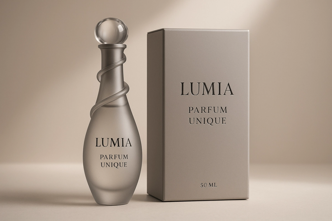 Perfume bottle and box labelled Lumia Parfum Unique