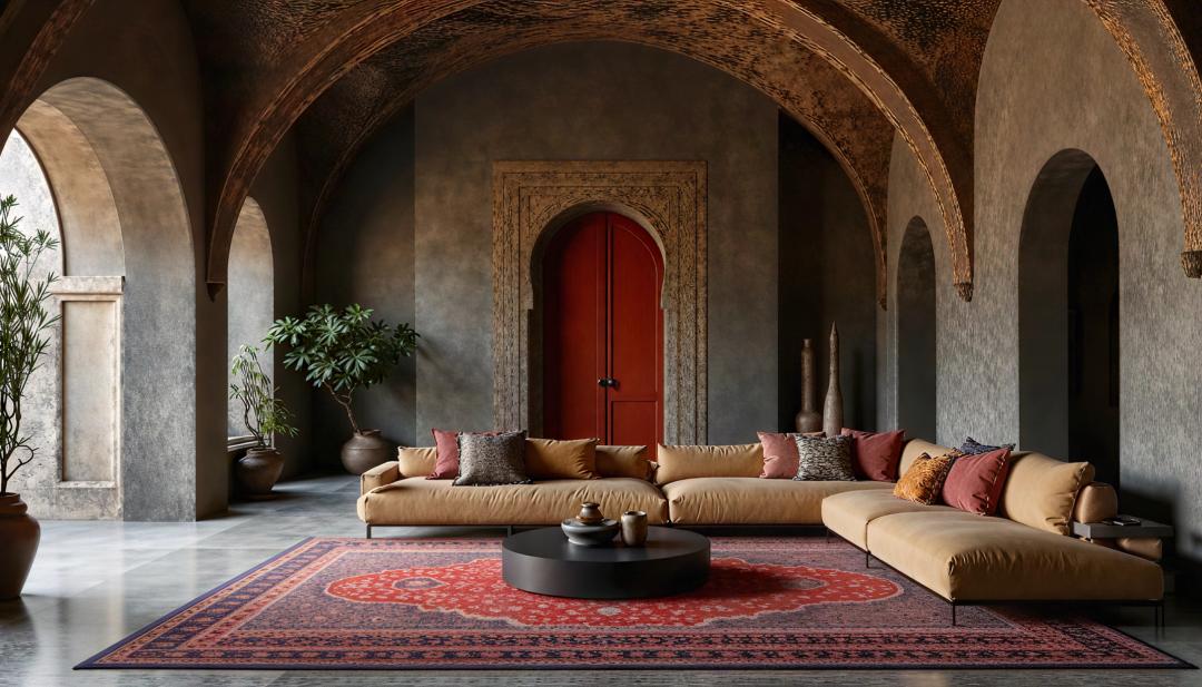 Vaulted living room with a red door and a patterned rug