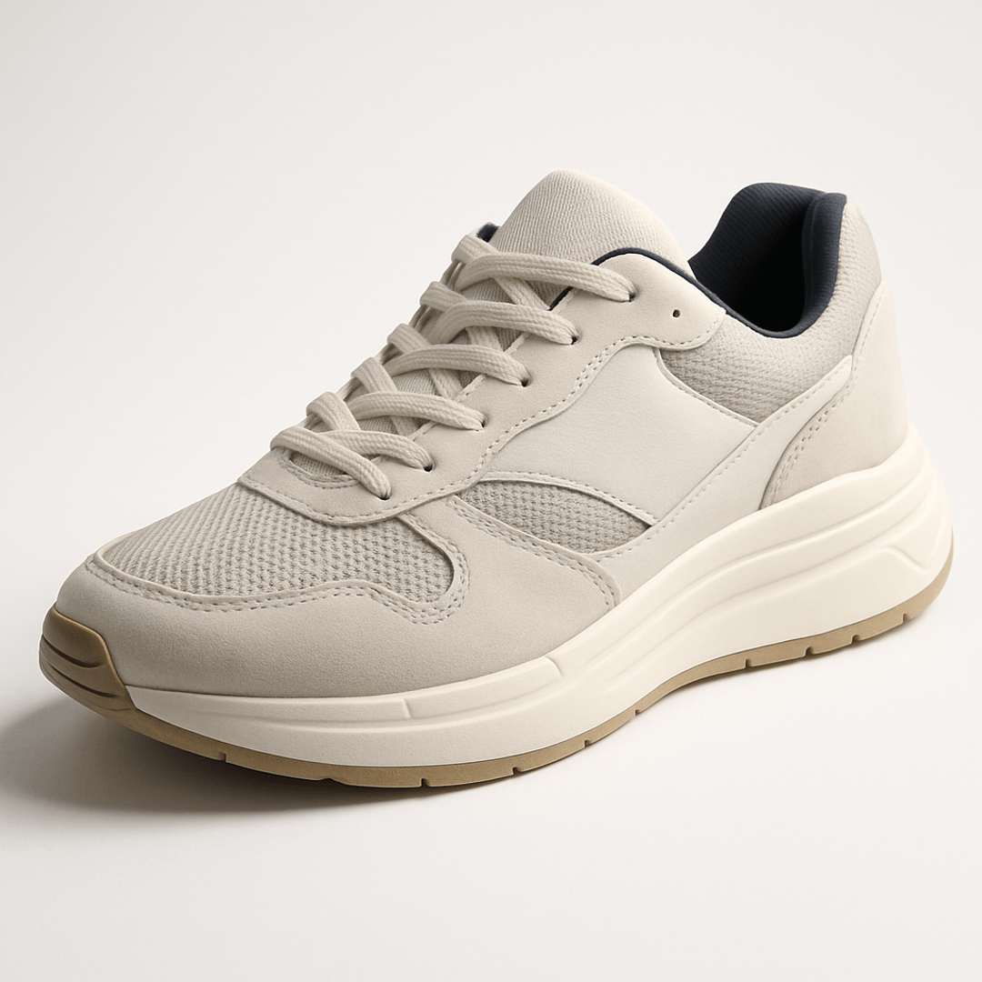 Beige sneaker shown as a 3D product visual on a light background