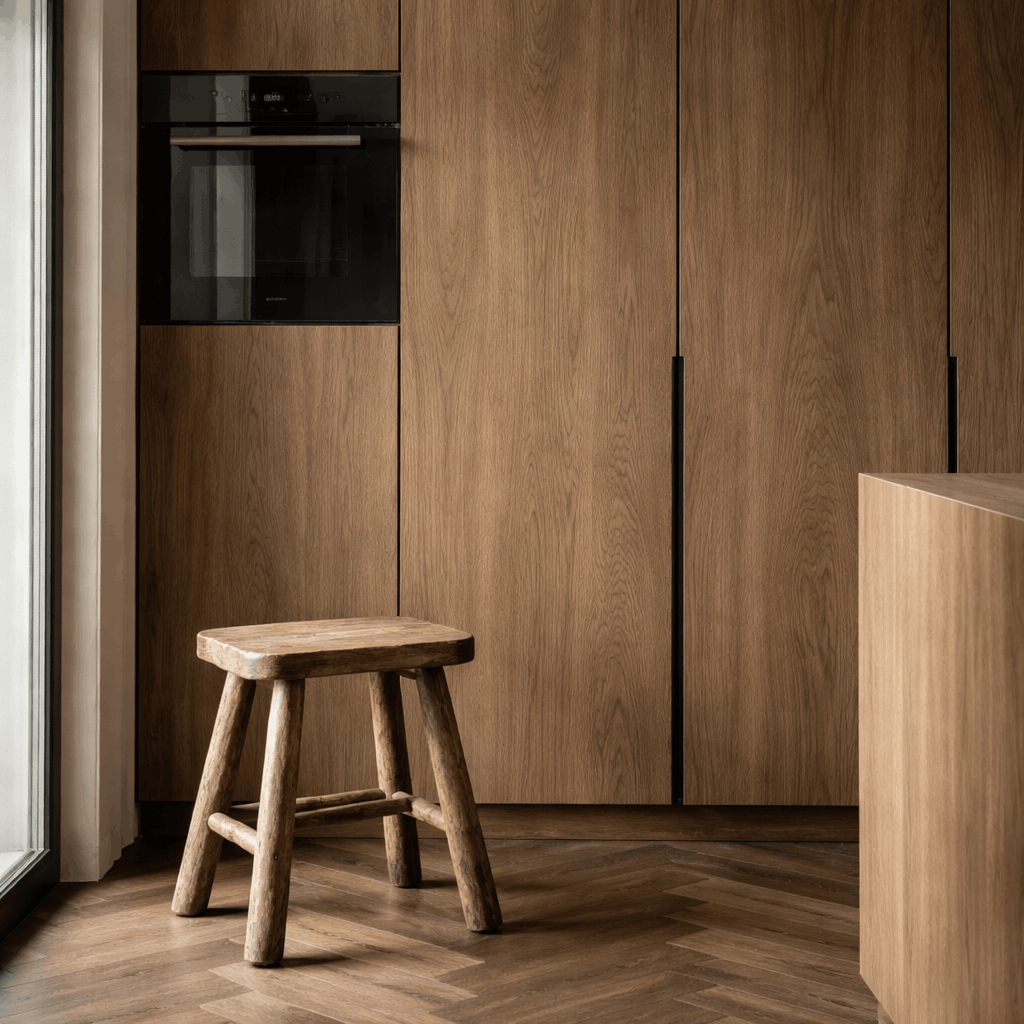 Oak kitchen with a wooden stool and herringbone floor