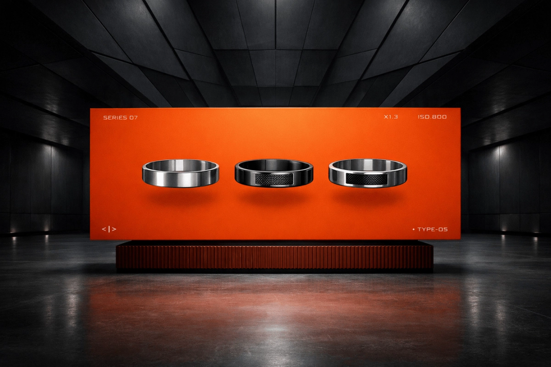 Three silver rings displayed on an orange billboard