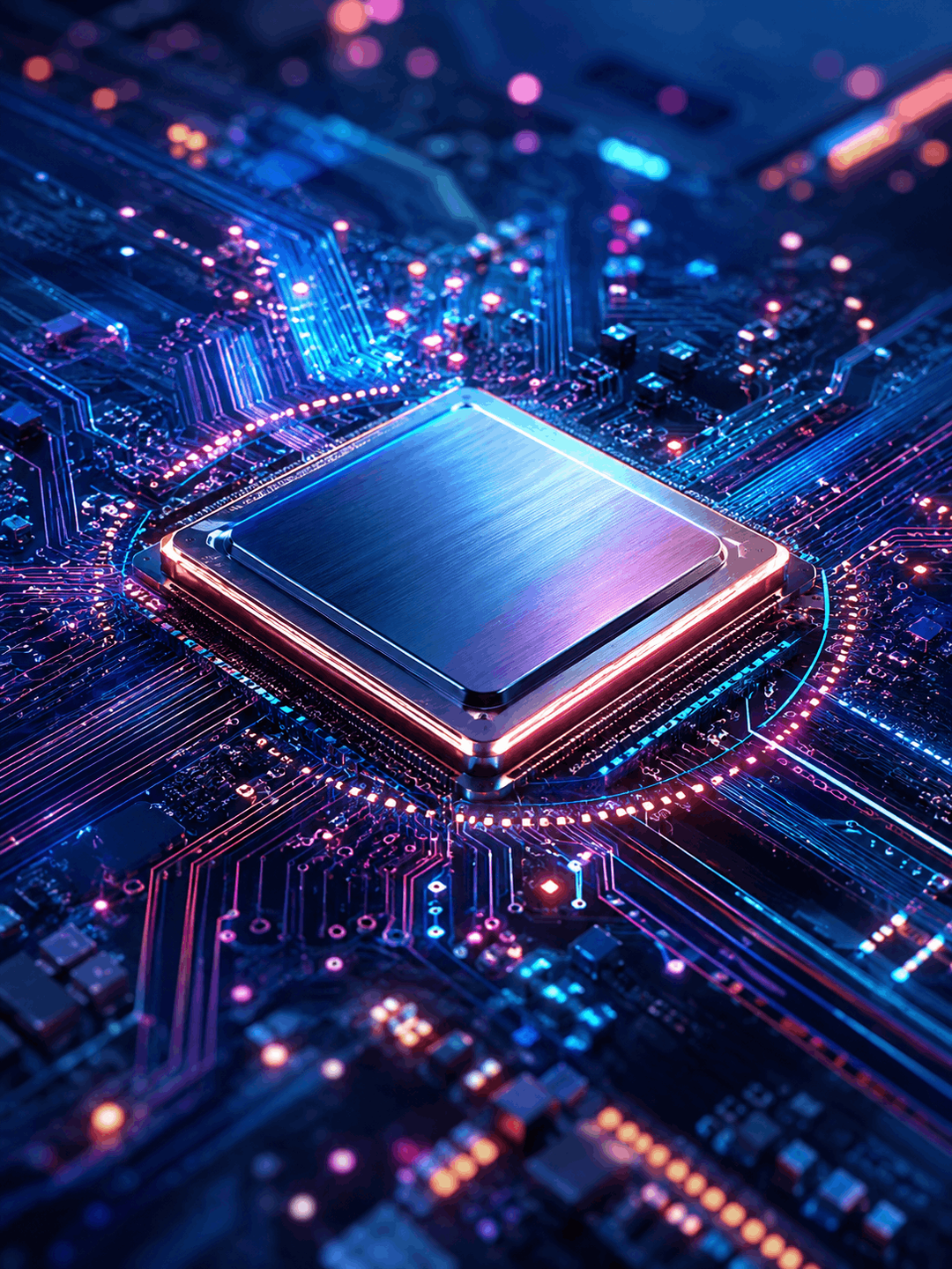 Close view of a processor on a glowing circuit board