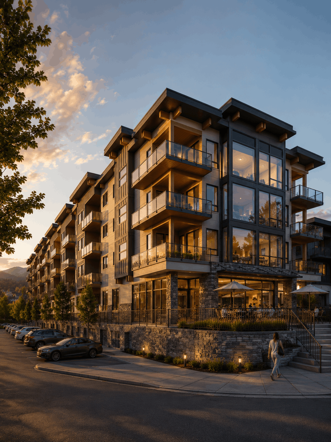 Wood and stone apartment building at sunset