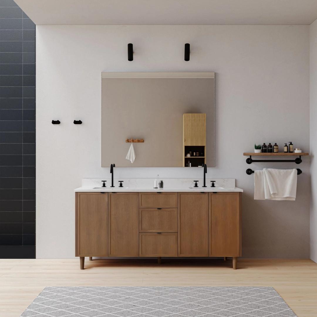 Brown oak double vanity in a bright bathroom
