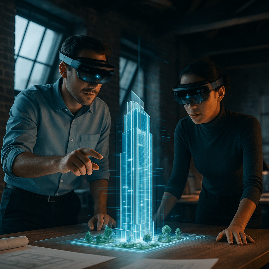 Two people in AR glasses studying a holographic tower model