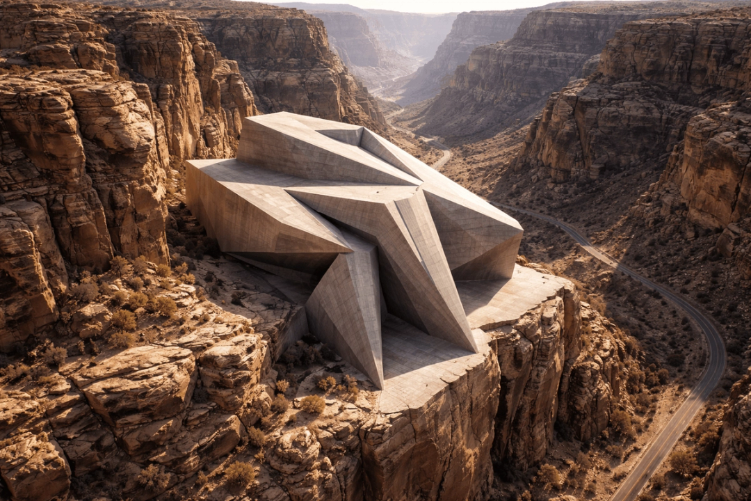 Angular concrete building on a canyon edge
