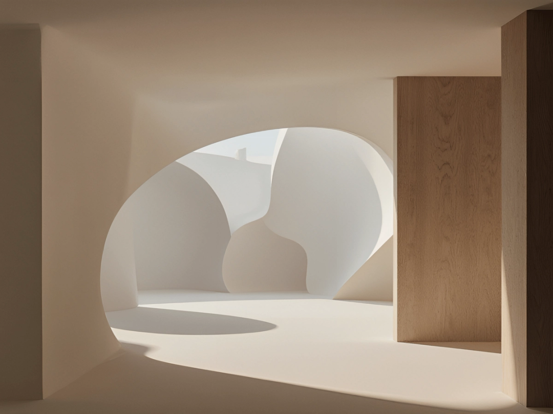 Sculpted white plaster interior with an oak panel