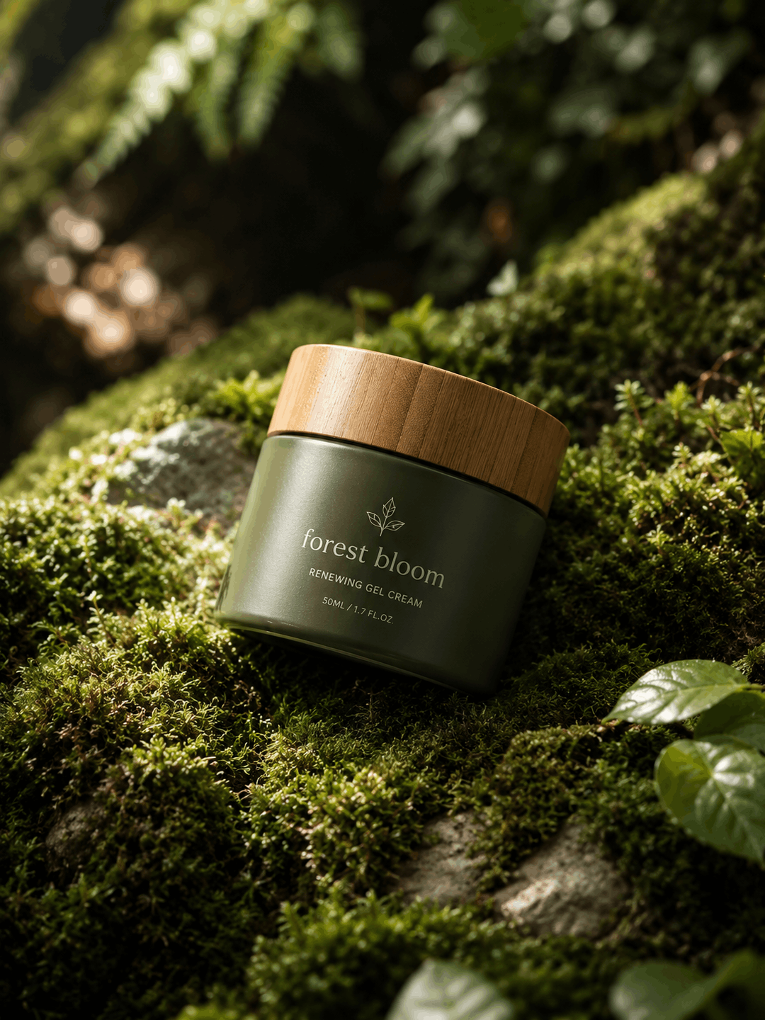 Forest Bloom cream jar resting on moss