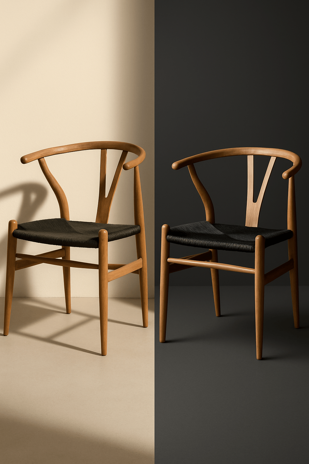 The same wooden chair shown against a light and a dark backdrop