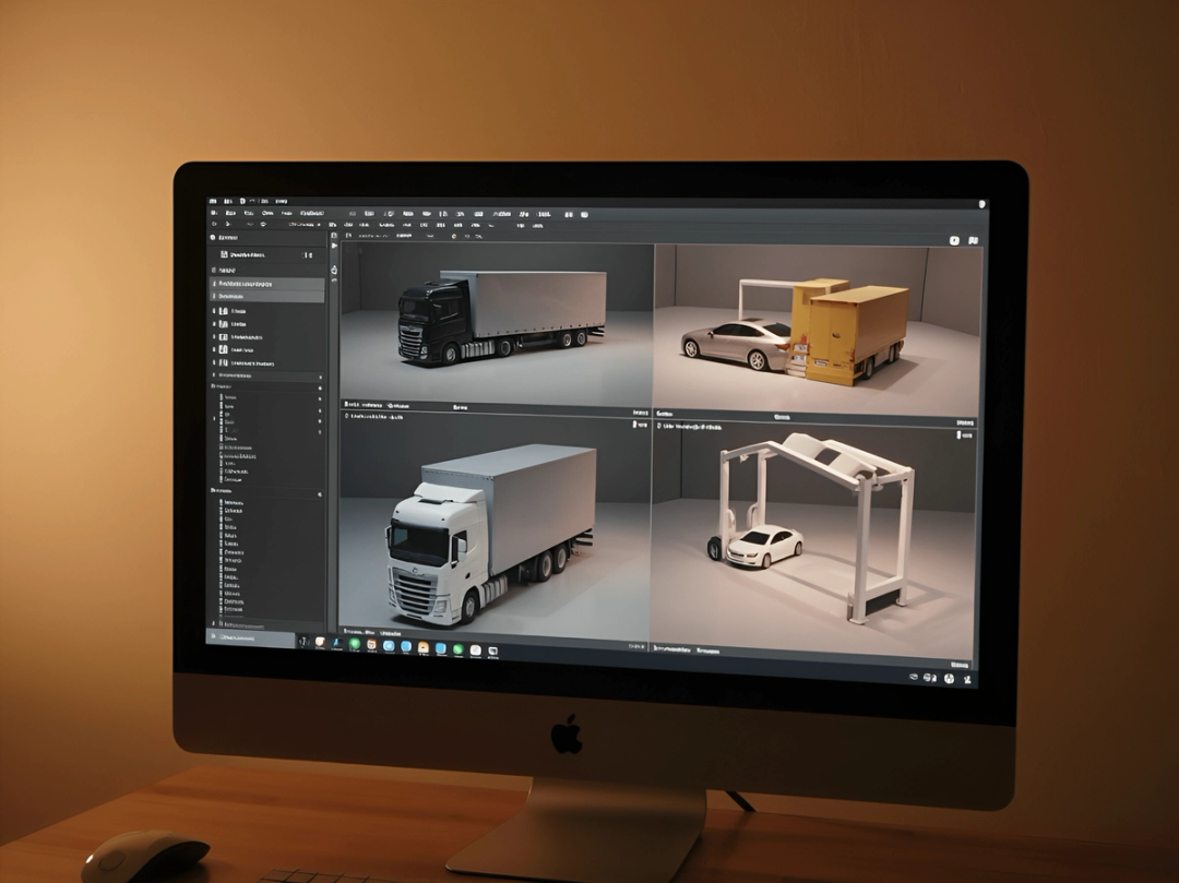 Computer screen showing 3D models of trucks and cars
