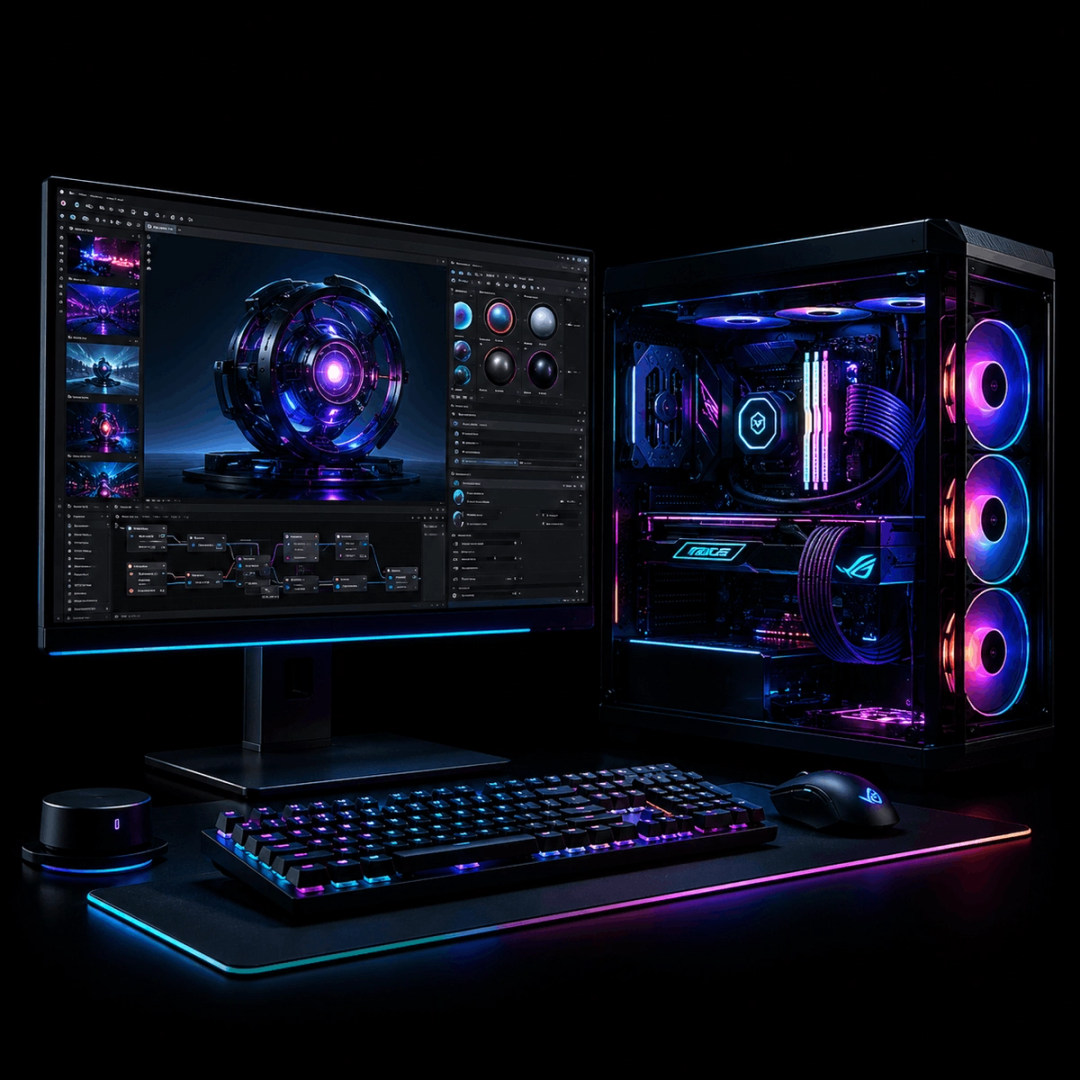 Gaming style workstation with a monitor and lit keyboard