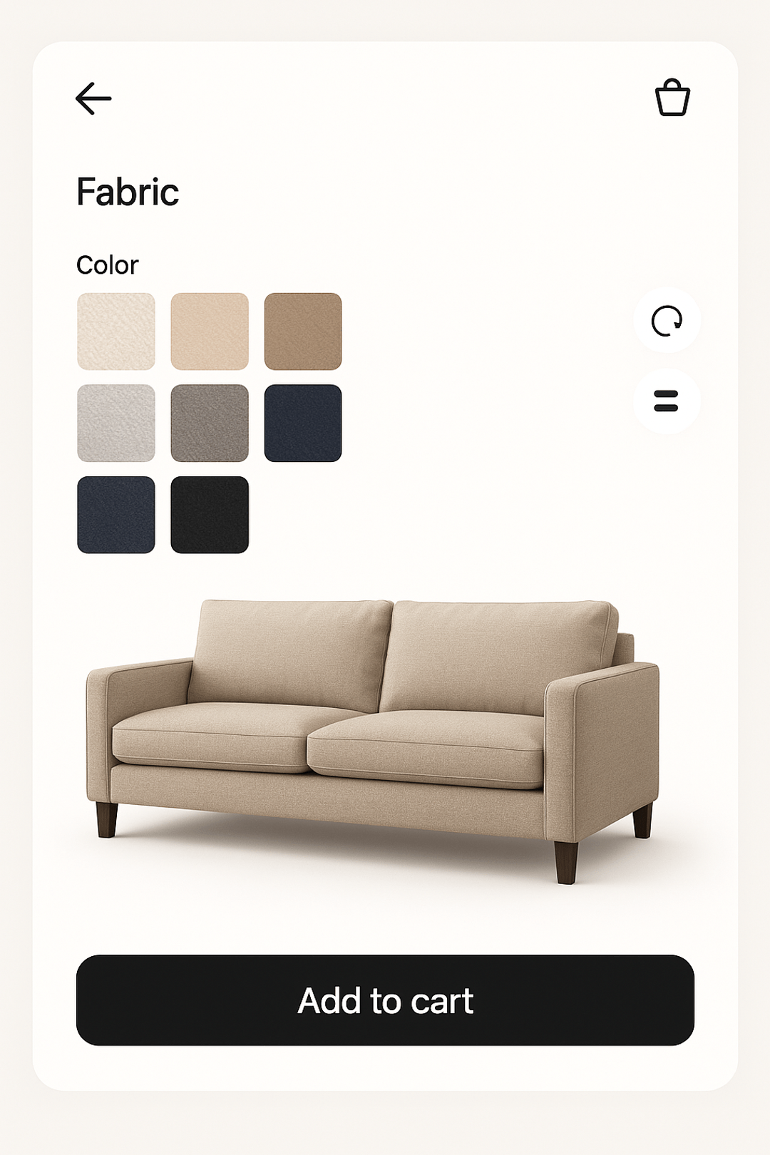Online sofa configurator with fabric color swatches