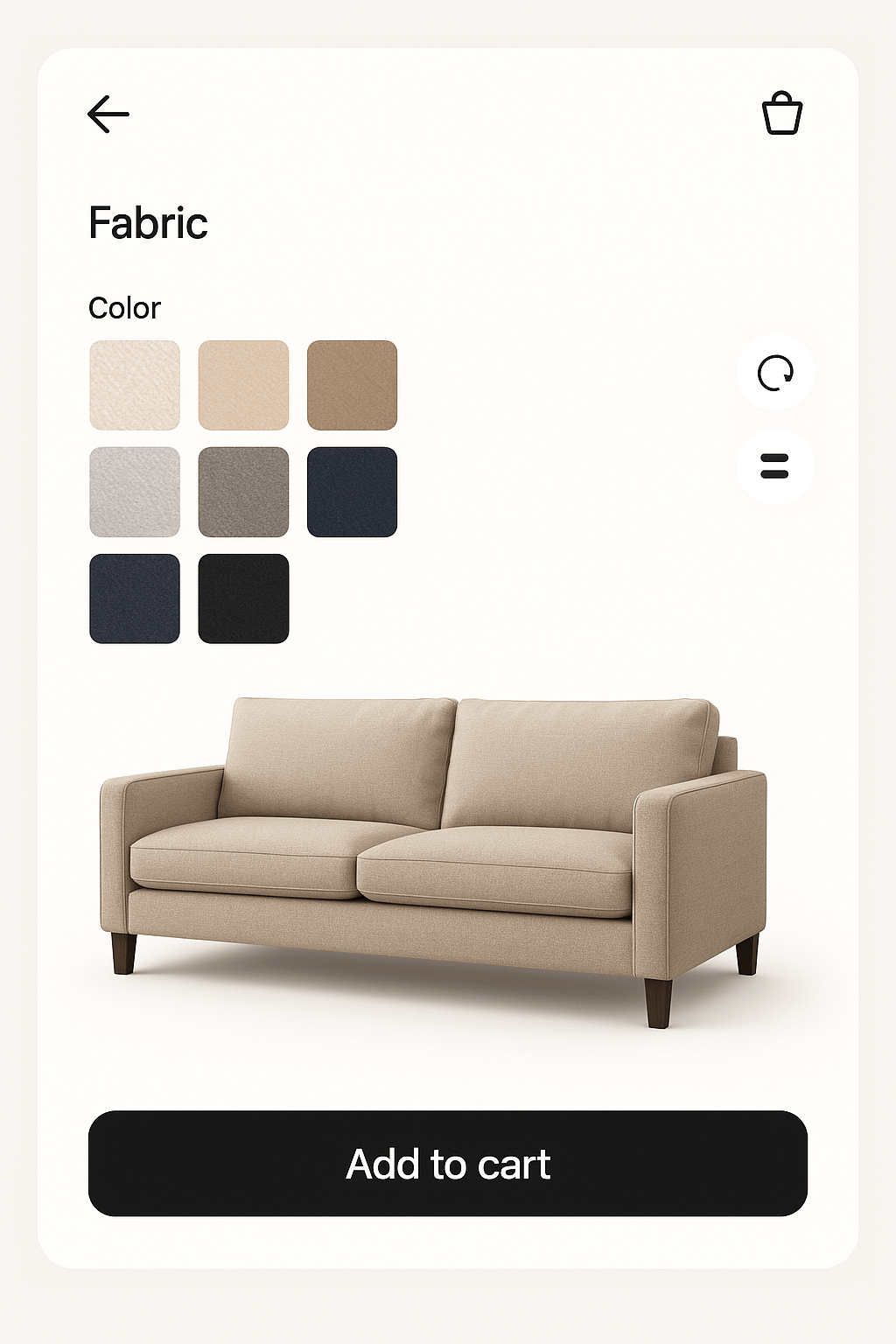 Online sofa configurator with fabric color swatches